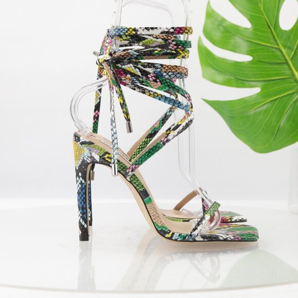Steve Madden Womens Uplift Sandal Size 7.5 Multicolor Snake Strappy Ankle Wrap - Picture 6 of 13